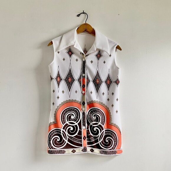 Vintage 70s Sleeveless Mod Top | Abstract Diamond Print | SIze S - Picture 1 of 5